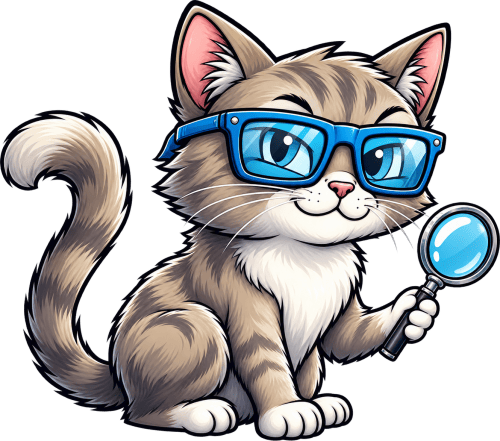 Stray Domains mascot: a cat in blue glasses holding a magnifying glass